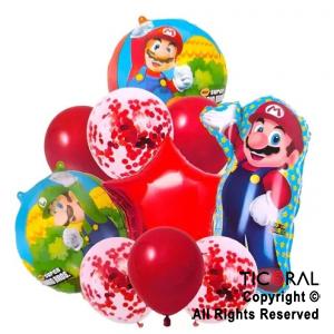 SET DE GLOBOS METALIZADOS SUPER MARIO BROSS Y LATEX CON CONFETI x 10 UNIDADES